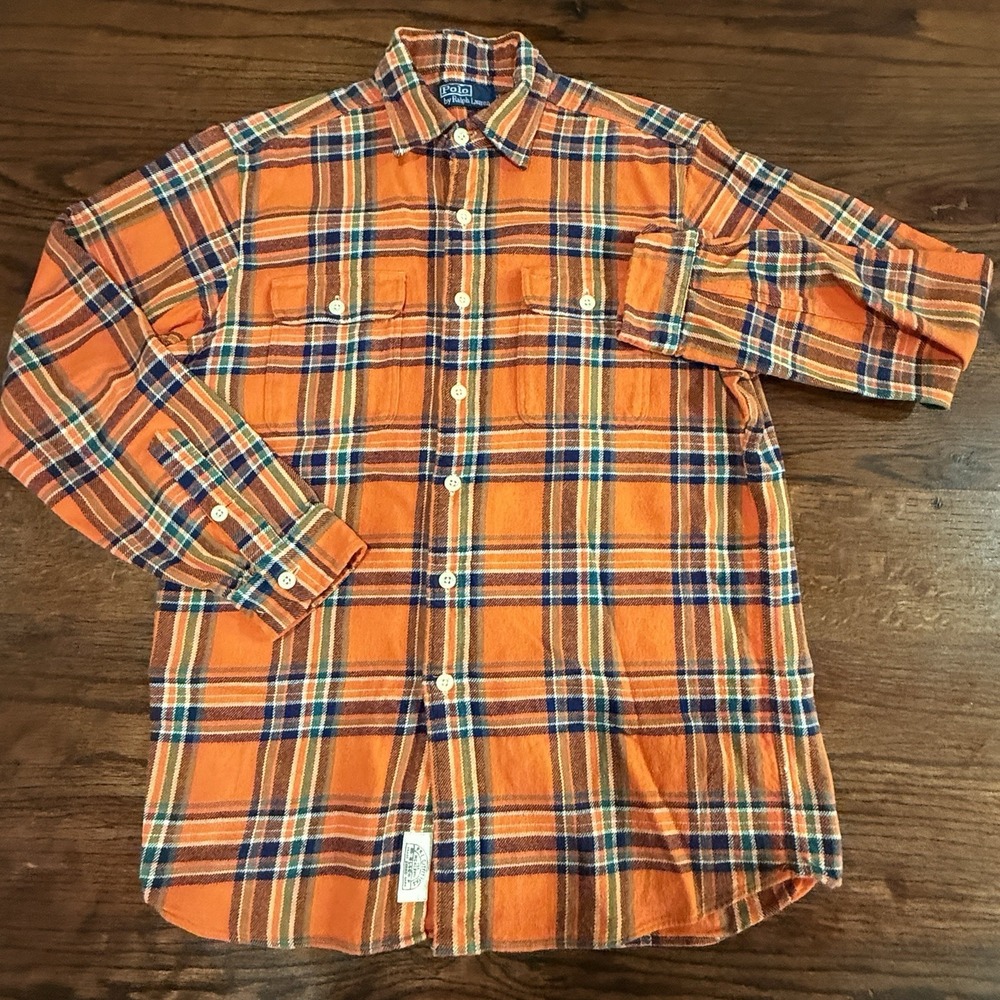 VTG POLO RALPH LAUREN 100% Cotton Flannel Shirt Orange Plaid Mens Medium M